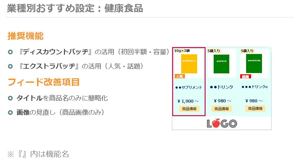 FeedTech 2018ご講演時資料 業種別おすすめ設定：健康食品