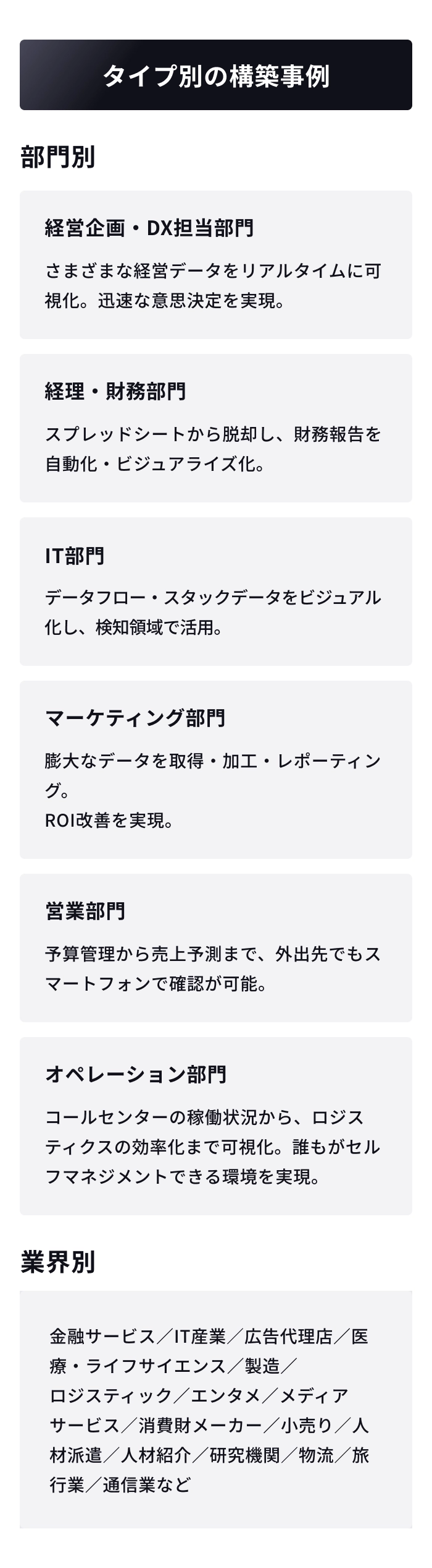 タイプ別の構築事例。部門別:経営企画・DX担当、経理・財務、IT部門、マーケティング、営業部門、オペレーションの各部門におけるデータ活用事例を紹介。業界別:金融サービス、IT産業、広告代理店、医療、製造など。